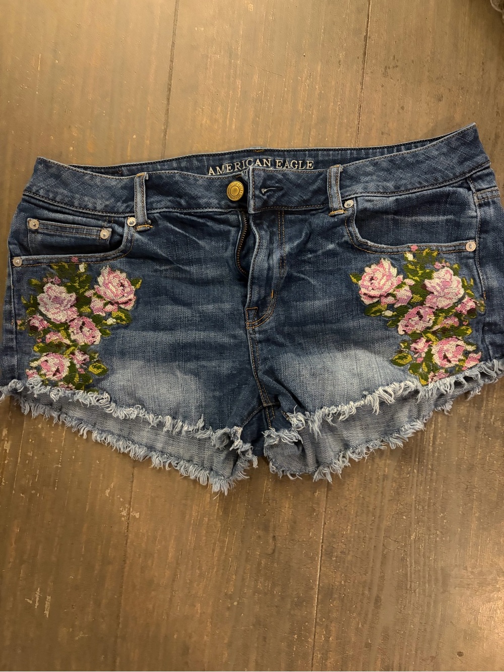 American Eagle Outfitters Blue Denim Shorts with Pink Floral Embroidery